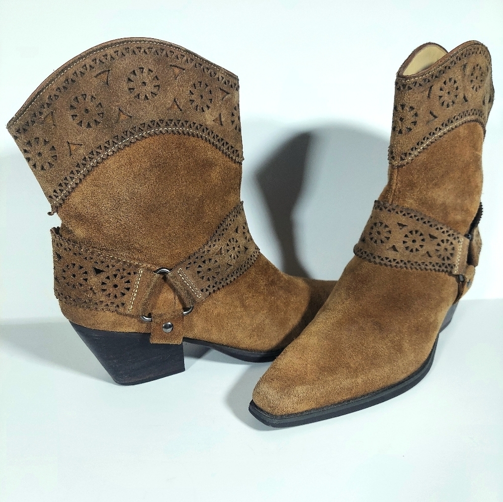 Vintage Me Too Julia Tan Suede Leather Harness Boots